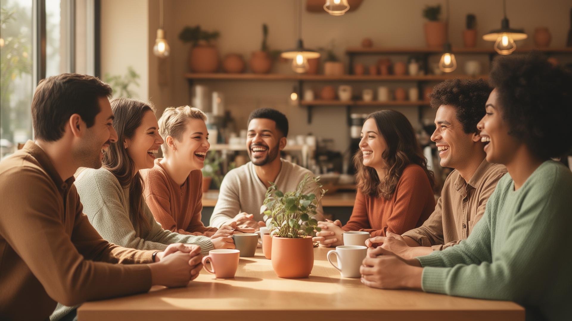 Menschen die gemeinsam an einem Tisch sitzen und lachen
